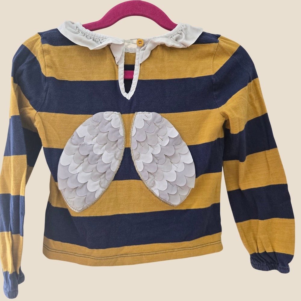 Mini Boden Girls Mustard Navy Striped Wing Applique Ruffle Top 2-3Y 98cm